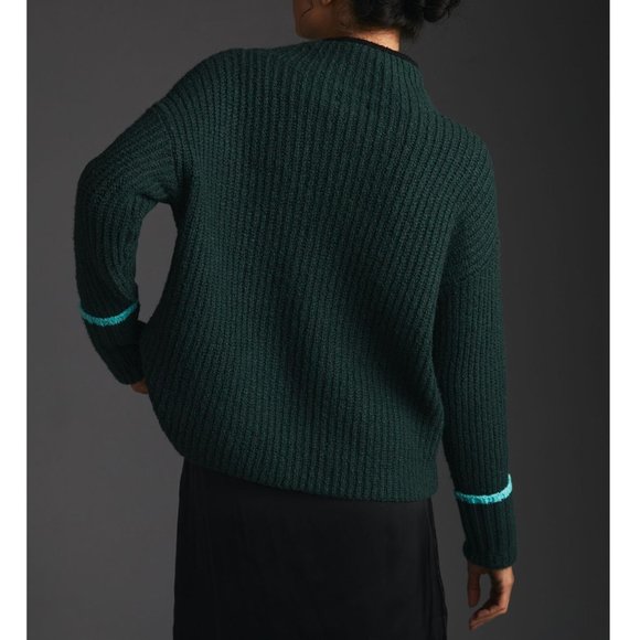 Anthropologie The Maeve Mock-Neck Color-Tipped Sweater Dark Green XXS - Picture 2 of 9